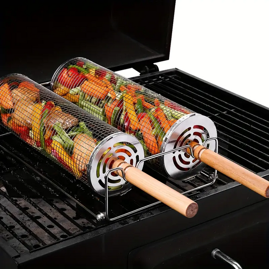 2-Pack Stainless Steel Rotating Grill Baskets with Removable Wooden Handle – Durable 304 Mesh for Veggies, Prawns & More – Perfect for BBQ, Camping & Outdoor Cooking, Great Gift for Dad or Husband
